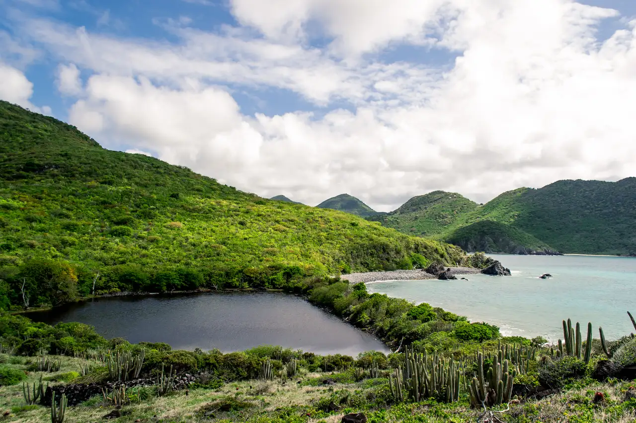 Elevated panoramic view down over the enclosed bay at Anse Marcel, with dry hillside in the foreground and open sea beyond the headlands