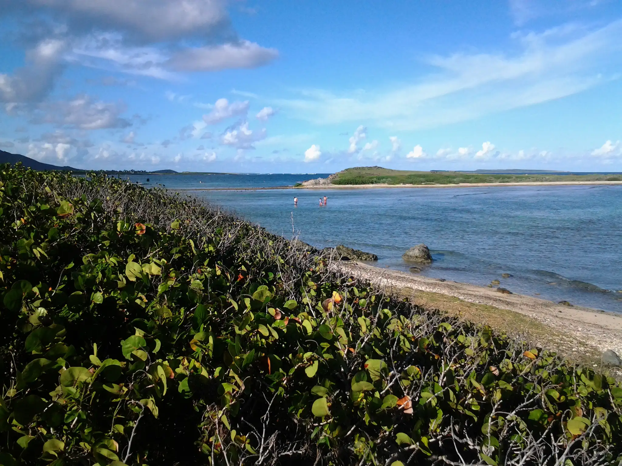 The shallow flat water of Baie de l'Embouchure running out toward the sandbar and reef line beyond
