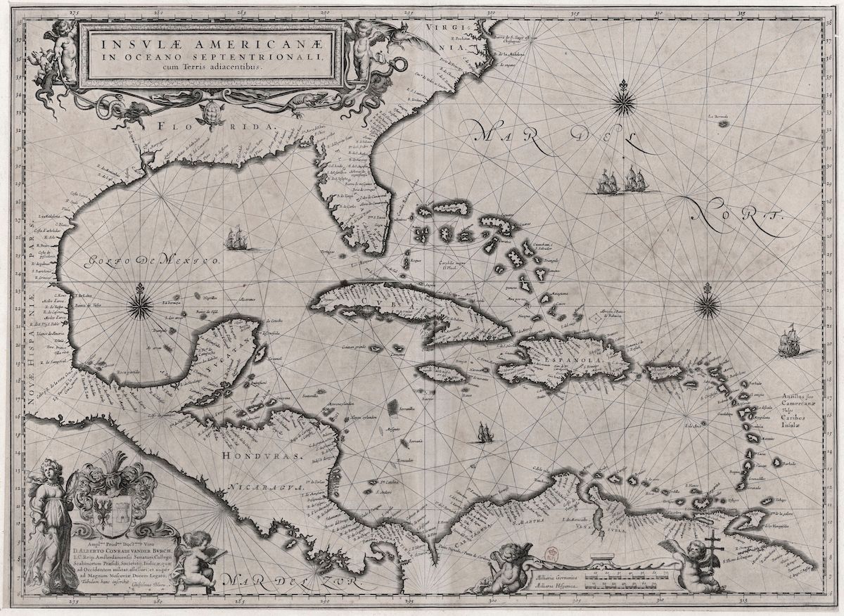 A hand-coloured seventeenth-century map of the Caribbean and surrounding coasts, crossed by compass rose rhumb lines, with sailing ships and sea monsters drawn in the ocean and a decorative title cartouche.