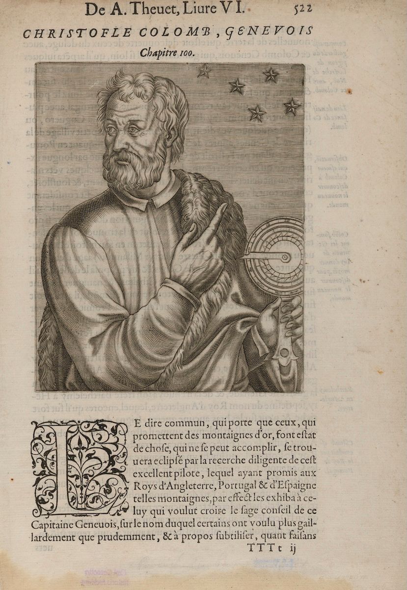 An engraved portrait of a man in a fur-collared coat and cap, shown half-length within an ornamental oval frame, on a printed book page.