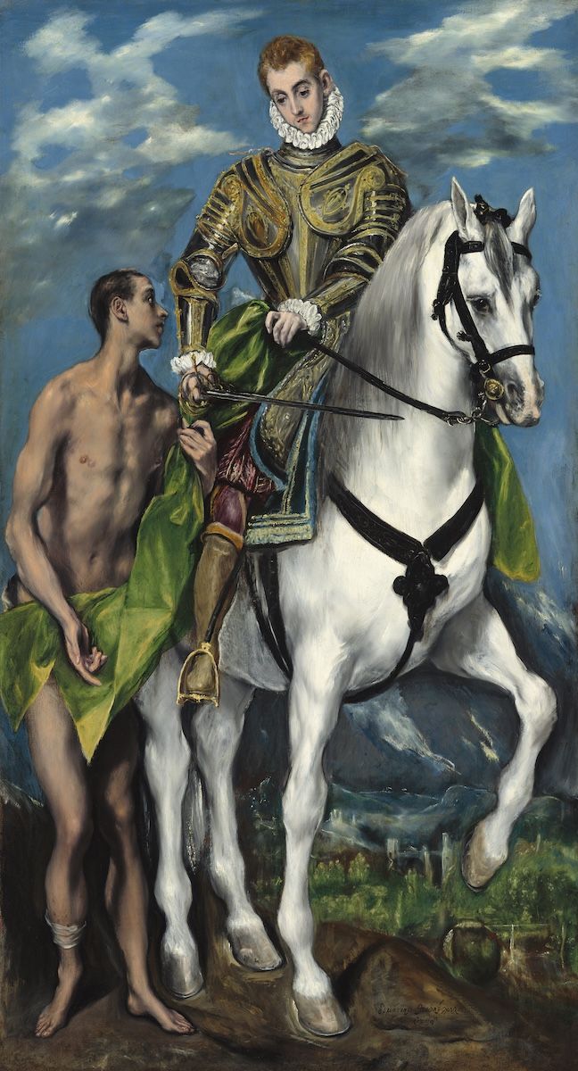 A mounted knight in silver armour leans down to cut his green cloak in two with a sword, handing half to a naked beggar standing beside the horse, under a stormy sky.