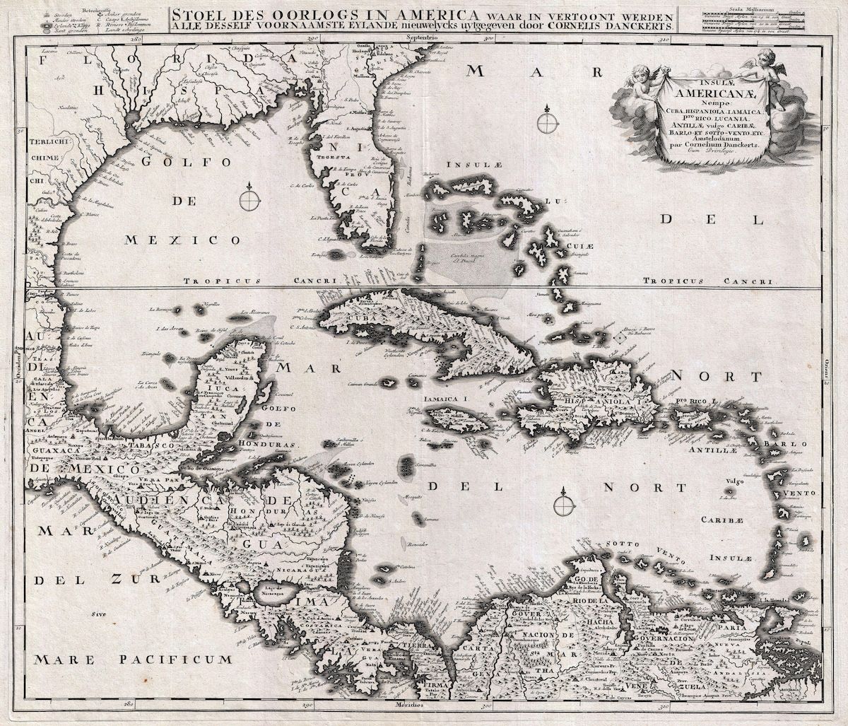 A hand-coloured map of Florida, the West Indies and the Caribbean, with an ornate cartouche showing figures and ships, and rhumb lines radiating across the sea.