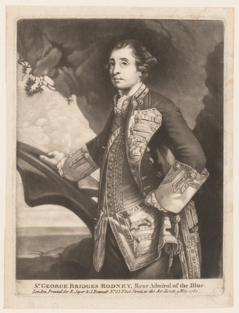 A mezzotint portrait of a naval officer in dress uniform with a sash, standing beside a table, with a lettered caption beneath.