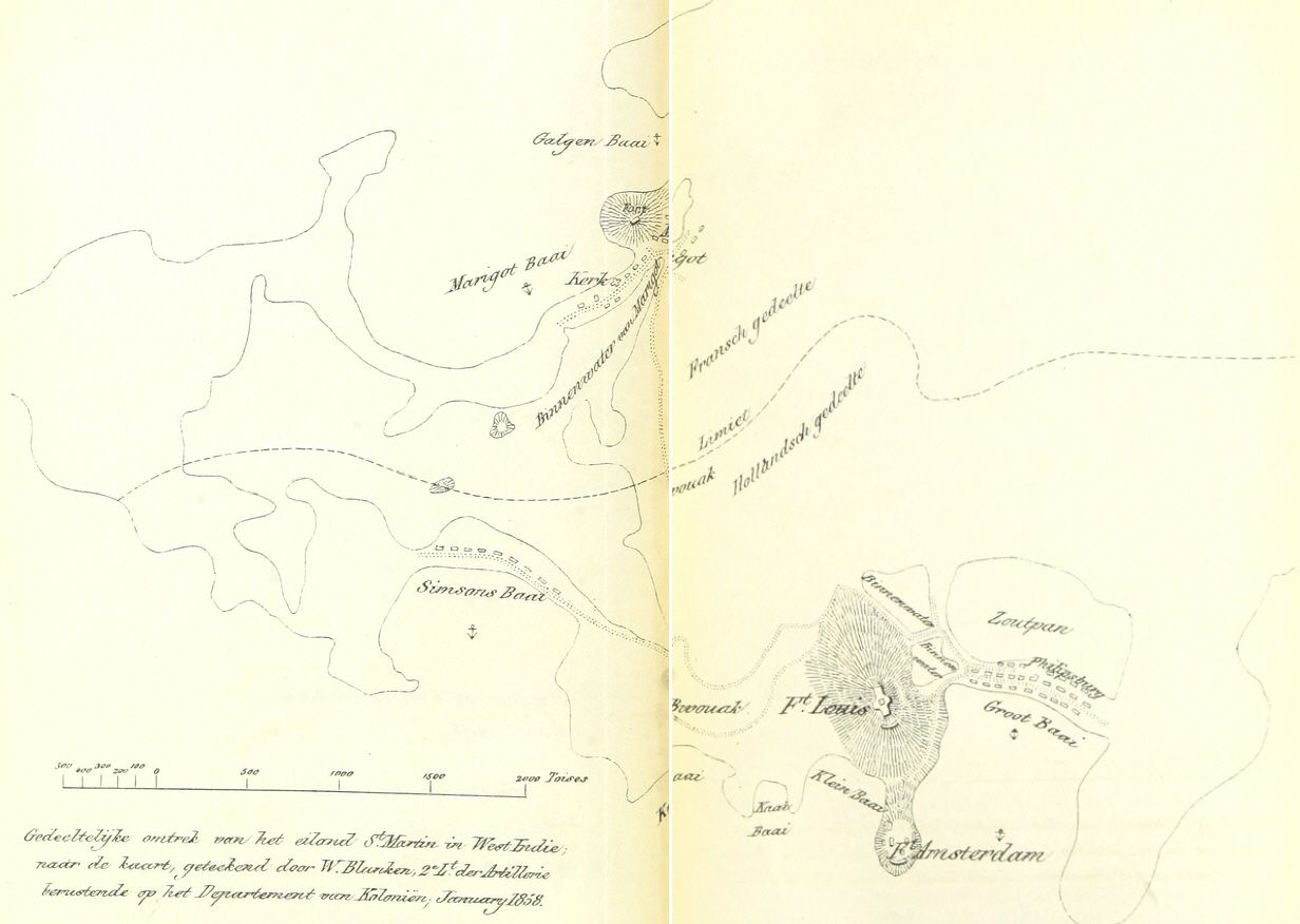 An engraved map of St. Martin printed across two book pages, showing the island's bays and hills, the forts, the salt pond behind Philipsburg, and a dotted line marking the border between the French and Dutch portions.