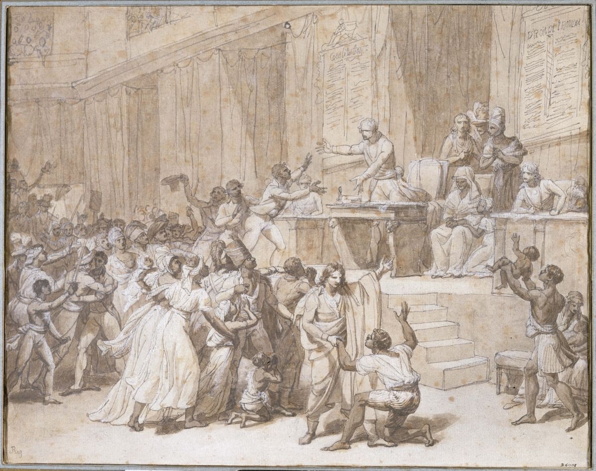 A brown ink and wash drawing of a packed revolutionary assembly, with a speaker gesturing from a rostrum and a crowd of freed men, women and children reacting below, and printed declarations hanging on the wall behind.