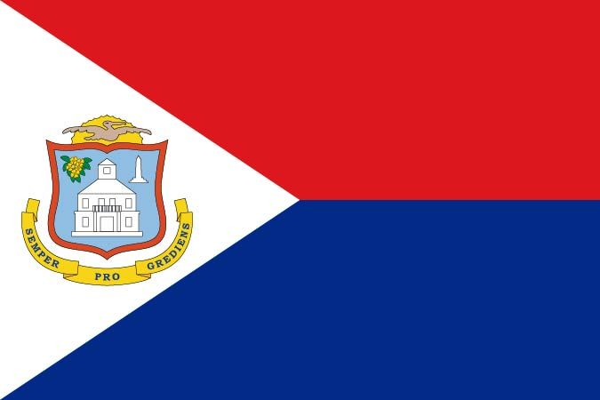 The flag of Sint Maarten: a white triangle at the hoist bearing the coat of arms, with red and blue horizontal bands. The shield shows a courthouse, a monument and a yellow sage flower, with a pelican above and the motto Semper Progrediens below.