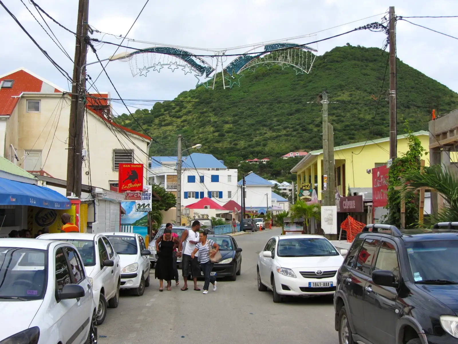 The narrow main street through Grand Case village lined on both sides with small restaurants