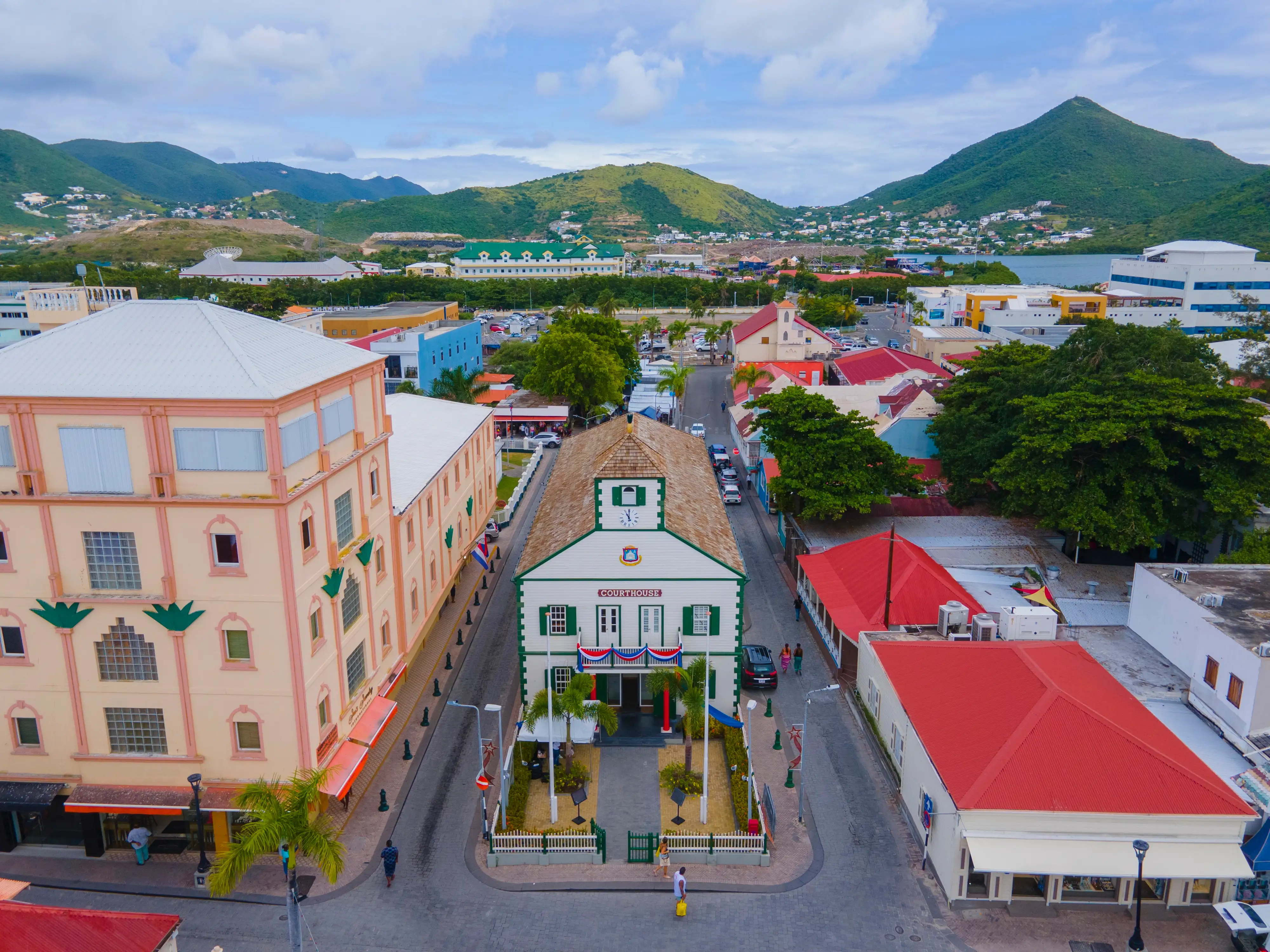 Aerial view of the white Sint Maarten Courthouse on Cyrus Wathey Square at the top of Front Street, Philipsburg