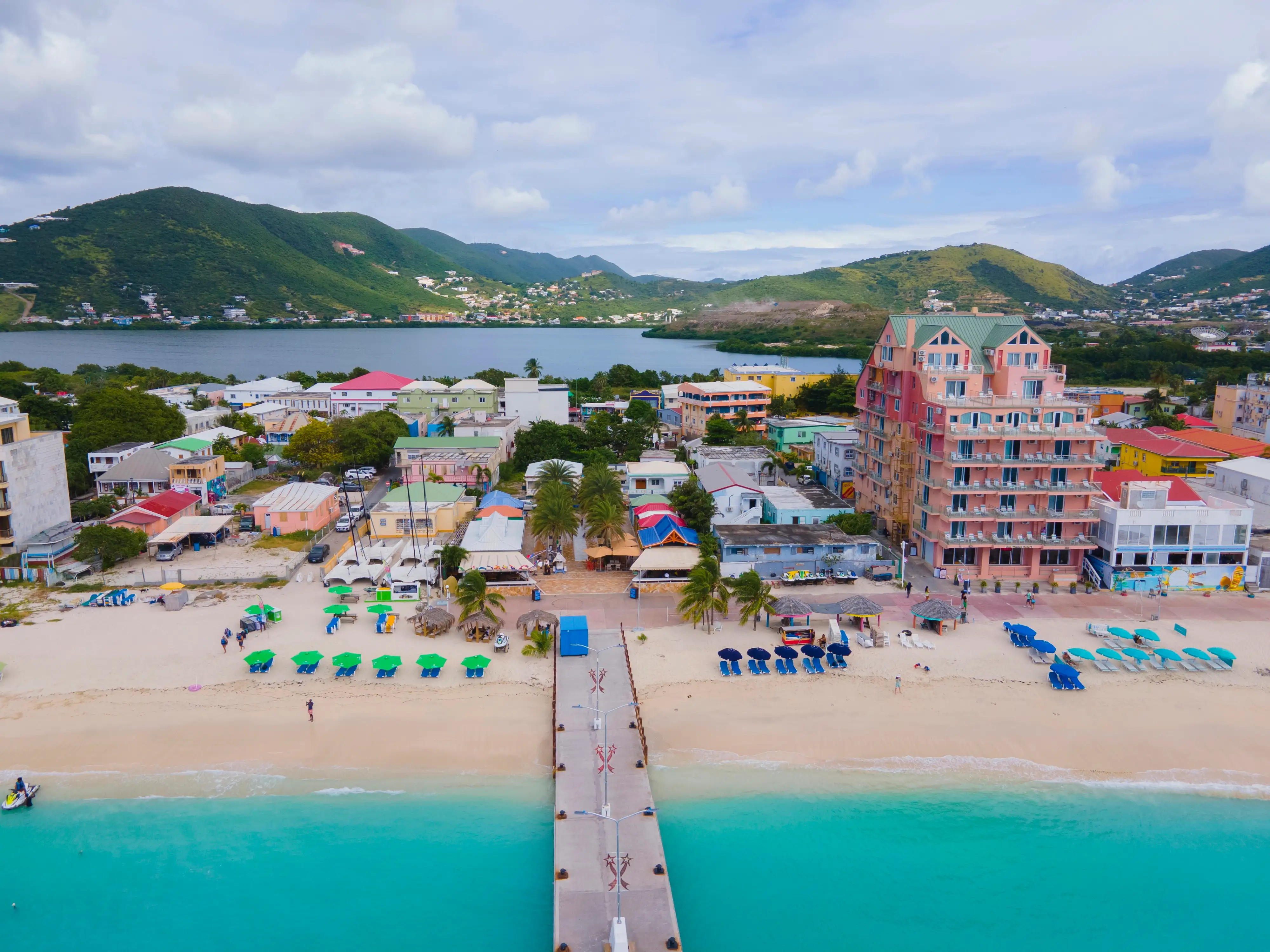 Aerial view of Philipsburg's historic city center, Front Street, and the boardwalk beach at Great Bay