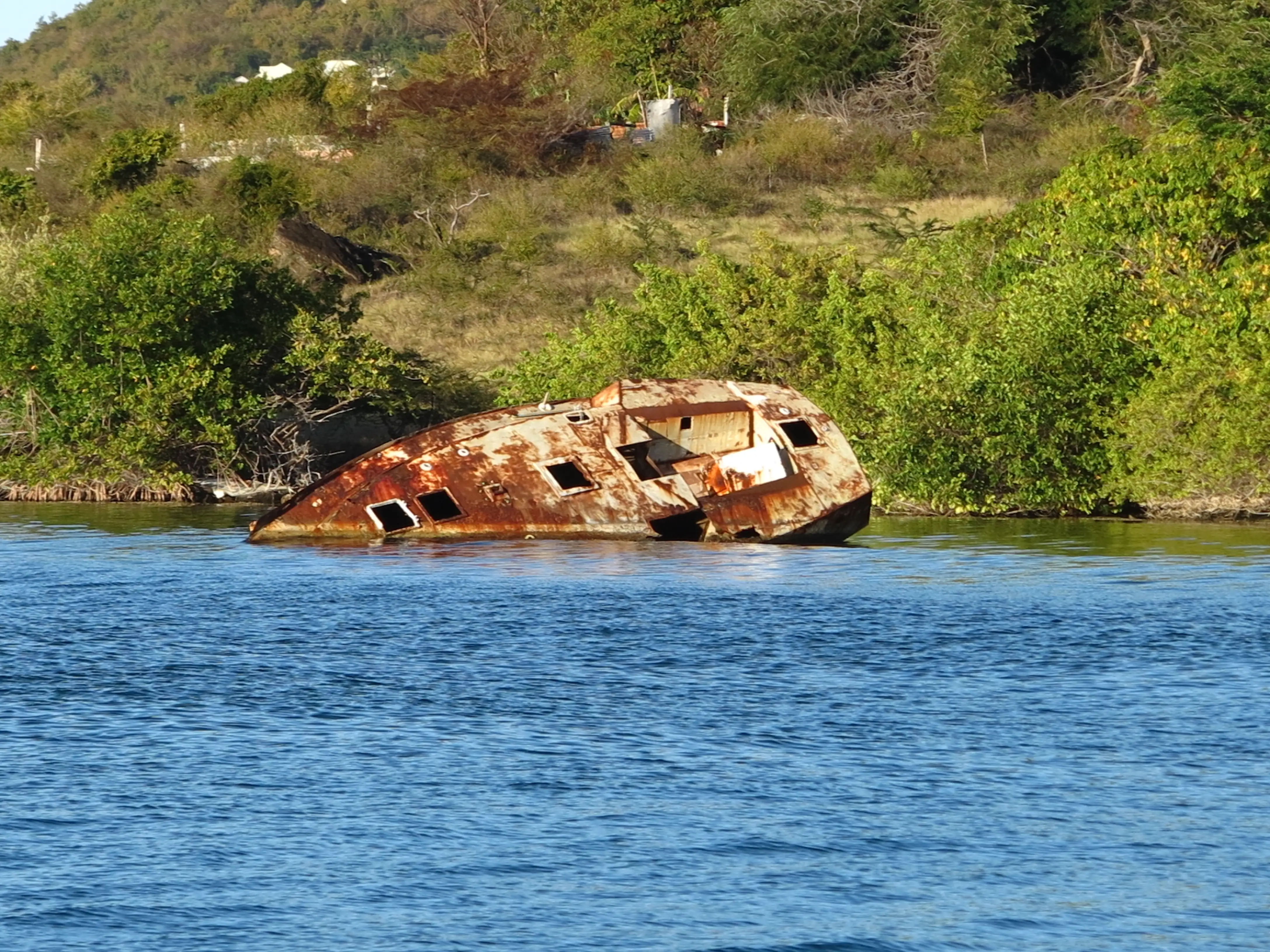 Rusting shipwreck run aground on the wooded shoreline of Simpson Bay, St. Maarten