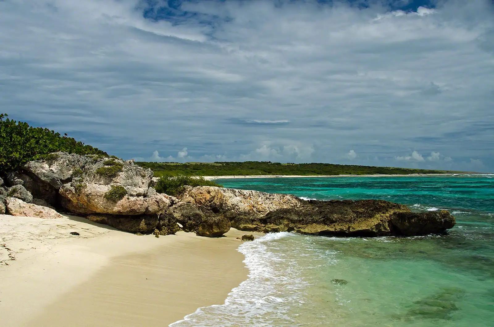 The rocky windward coastline of a small island with Atlantic swell breaking against the shore